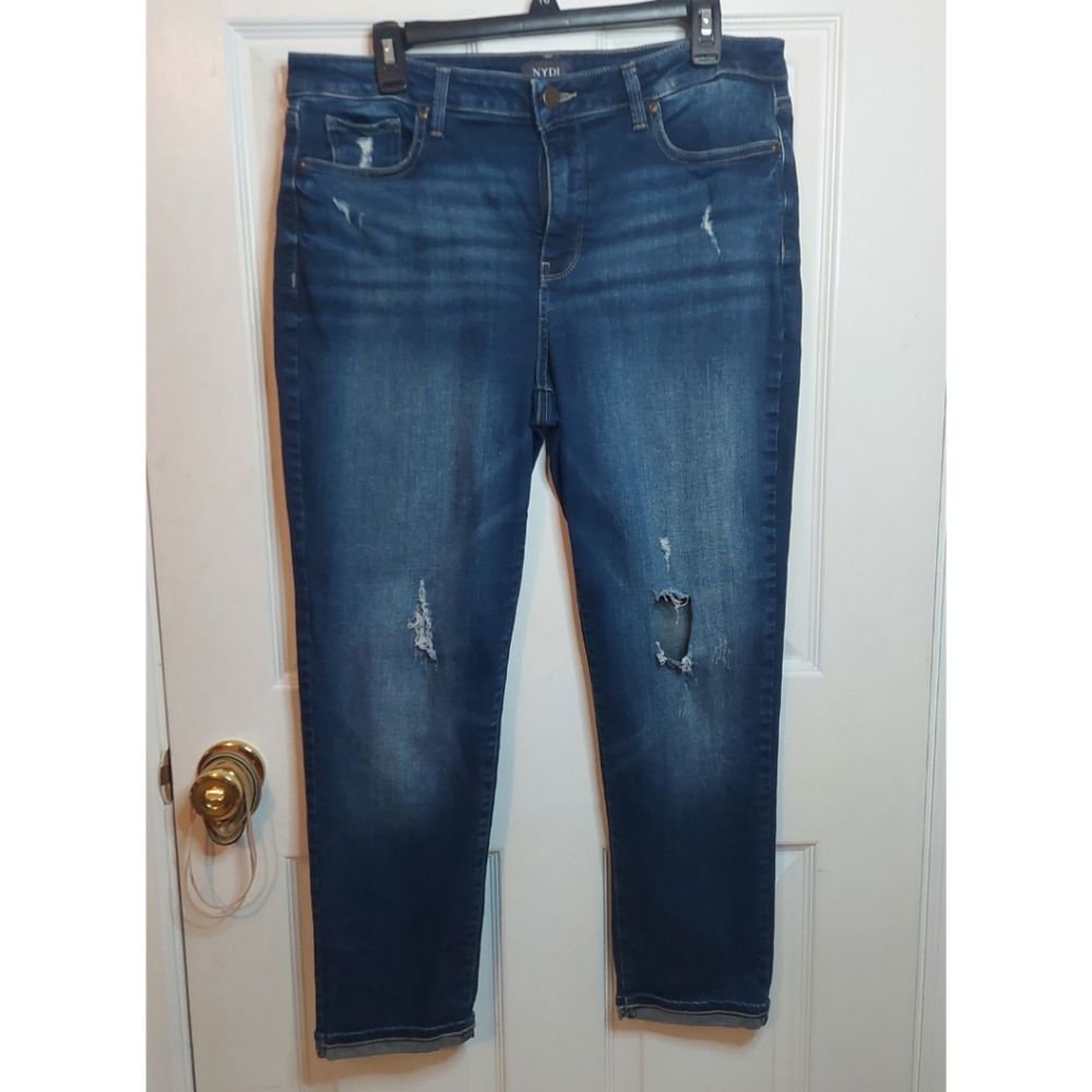 NYDJ Marnie Boyfriend Distressed Cuffed Ankle Jeans Lift Tuck Technology Size 12